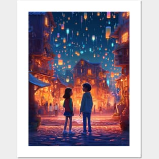 boy and girl in a beautiful fairy tale city Posters and Art